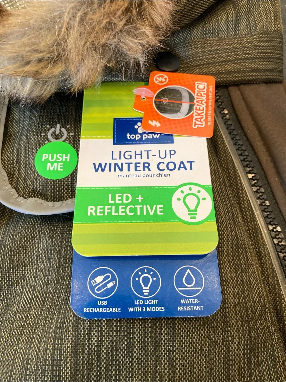 Dog Top Paw Light Up LED Reflective winter coat size L - NWT